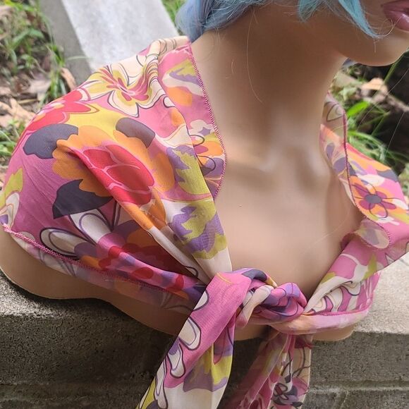 Pink 70's Floral Print Semi Sheer Scarf - Picture 3 of 8